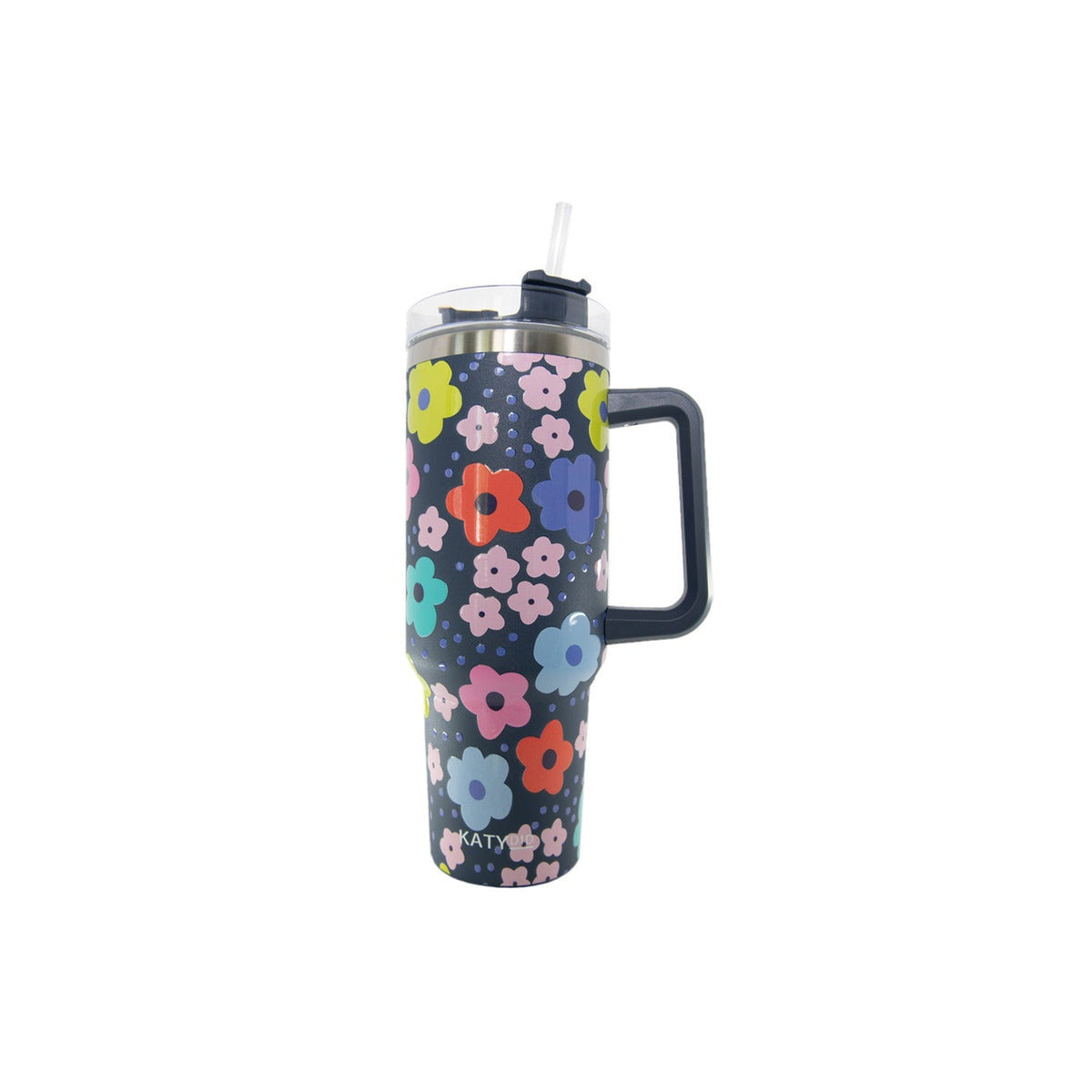 Navy Daisy Flower Pattern 40 Oz Tumbler Cup With Handle