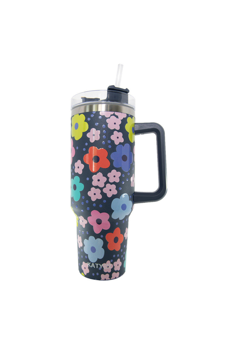 navy daisy flower pattern 40 oz tumbler cup with handle