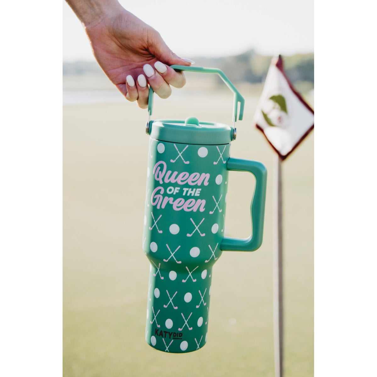 Queen of the Green Golf 38 Oz Tumbler Cup With Handle & Top Carry Handle
