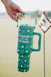 queen of the green golf 38 oz tumbler cup with handle and top carry handle