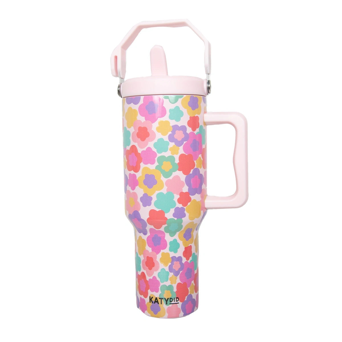 Groovy Multicolored Flowers 38 Oz Tumbler Cup With Handle & Top Carry Handle