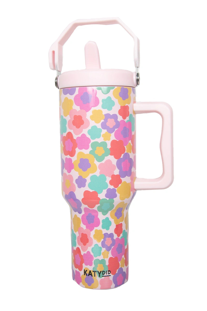 groovy multicolored flowers 38 oz tumbler cup with handle and top carry handle
