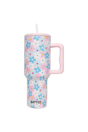 dainty florals pink & blue 38 oz tumbler cup with handle
