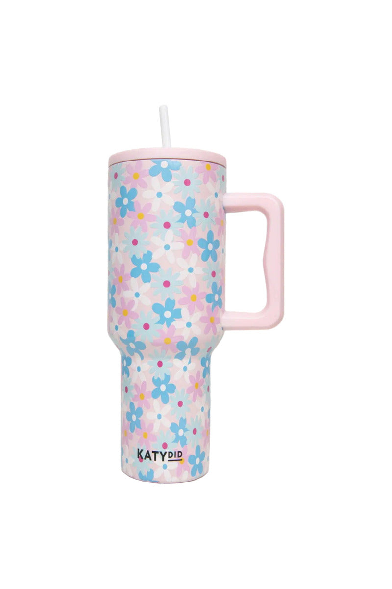 dainty florals pink & blue 38 oz tumbler cup with handle