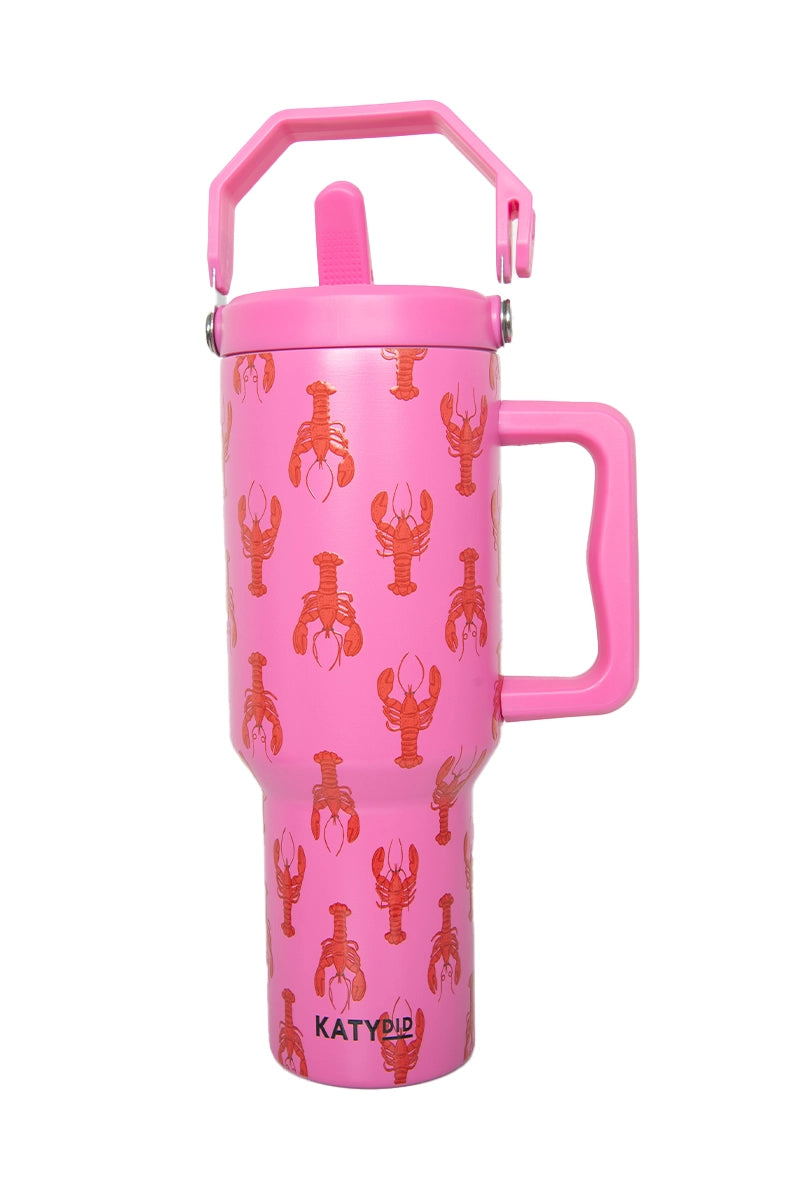 lobster pattern pink 38 oz tumbler cup with handle and top carry handle