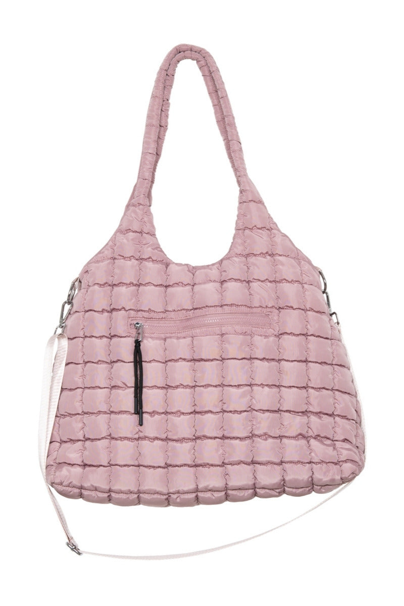 Mauve rectangular quilted puffer tote bag, structured style