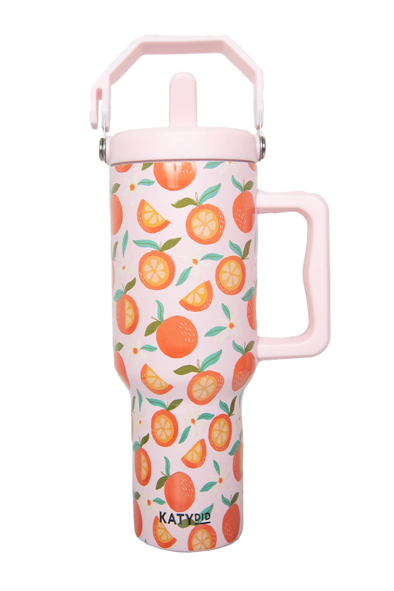 sweet orange pattern 38 oz tumbler cup with handle and top carry handle