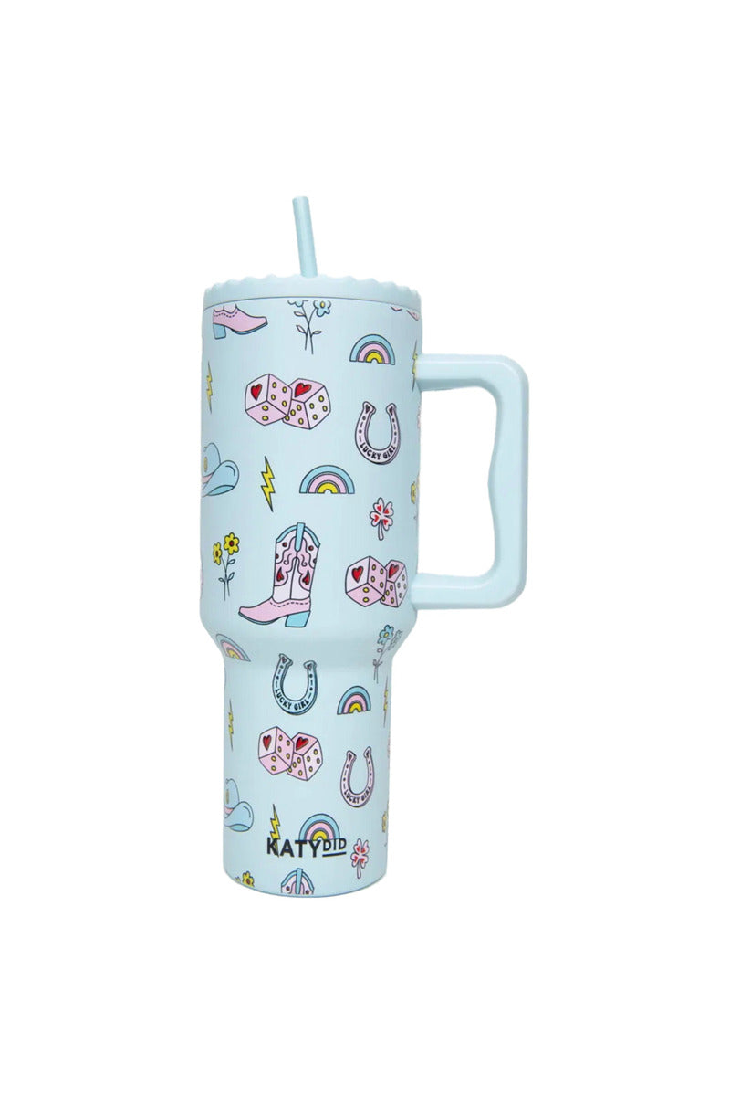 lucky cowgirl western pattern 38 oz tumbler cup with handle