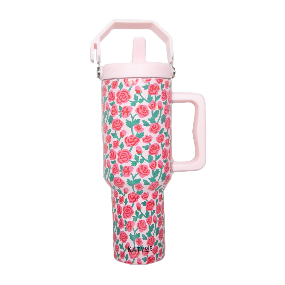 Whimsical Roses Pattern 38 Oz Tumbler Cup With Handle & Top Carry Handle