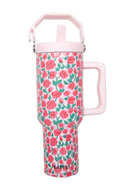 whimsical roses pattern 38 oz tumbler cup with handle and top carry handle
