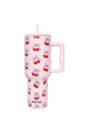 cherry bow pattern 38 oz tumbler cup with handle