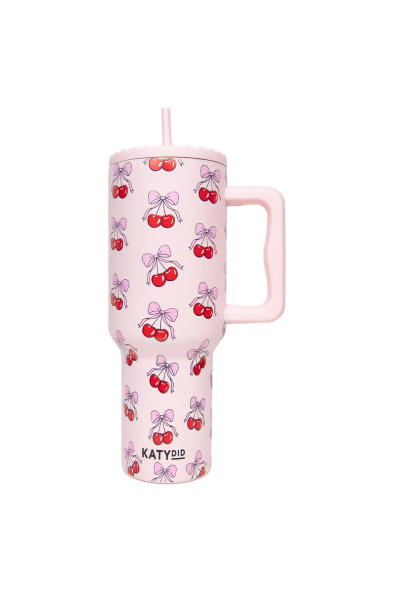 cherry bow pattern 38 oz tumbler cup with handle