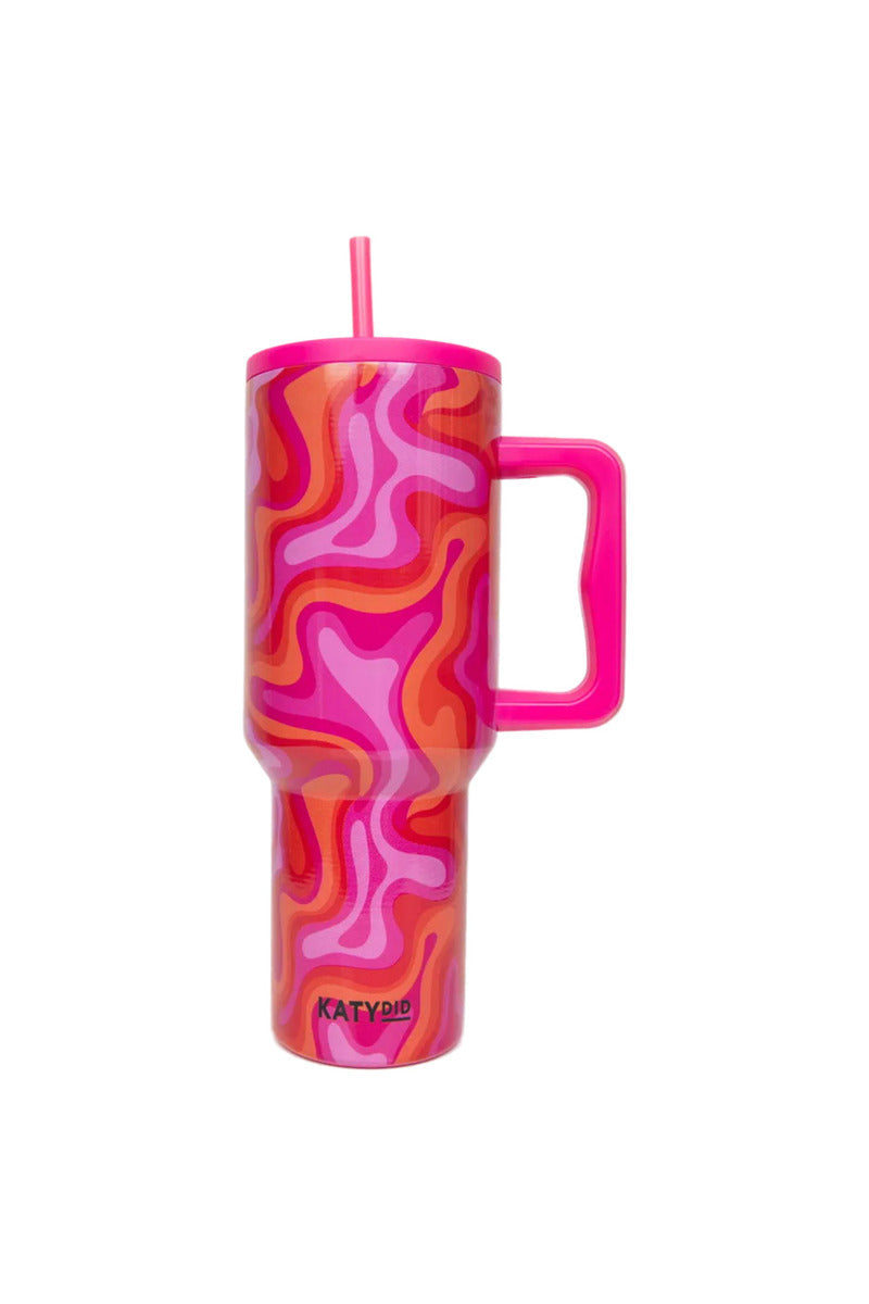 hot pink retro swirl pattern 38 oz tumbler cup with handle