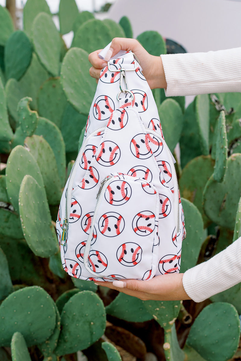 Baseball happy face crossbody sling bag for women